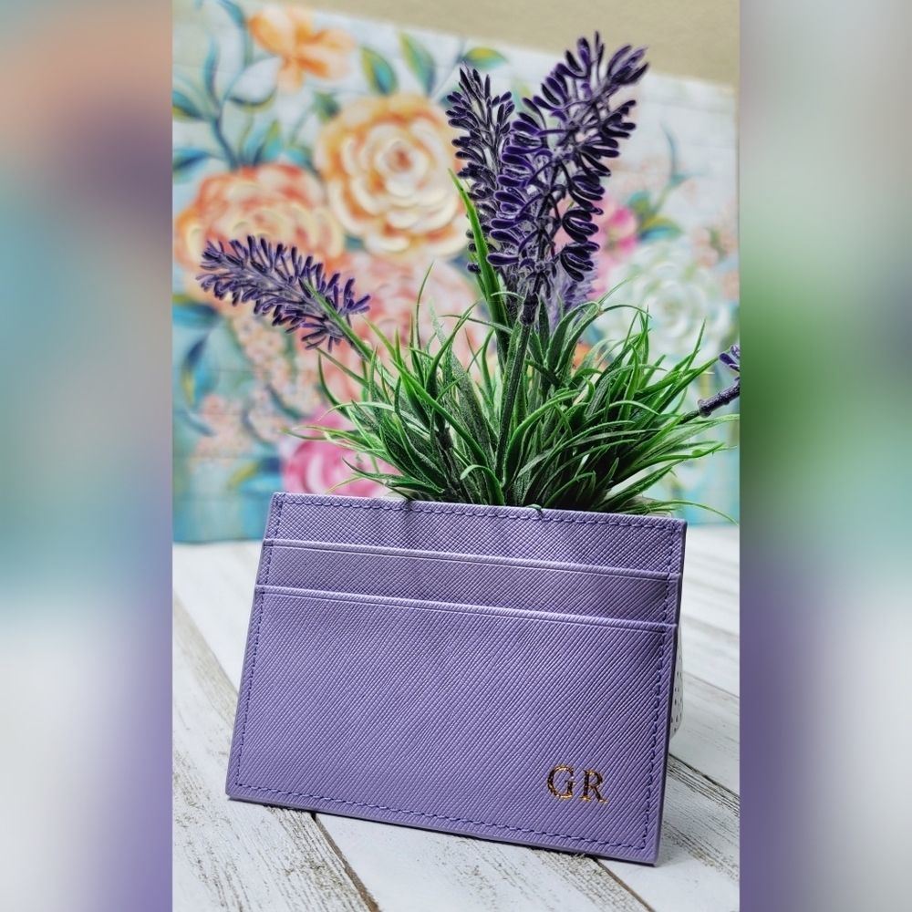 Purple Genuine Saffiano Leather Card Case Small Wallet for Woman FREE Monogram